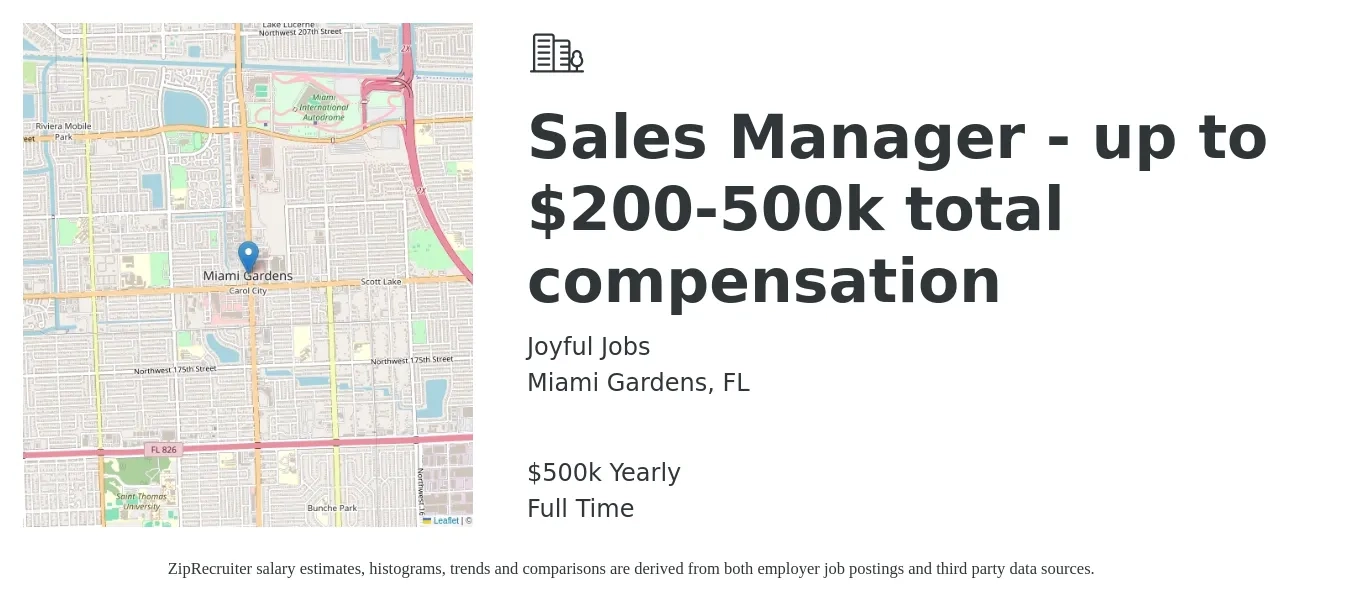 Joyful Jobs job posting for a Sales Manager - up to $200-500k total compensation in Miami Gardens, FL with a salary of $500,000 Yearly with a map of Miami Gardens location.