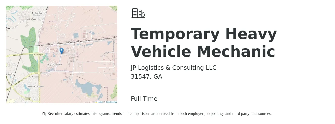 JP Logistics & Consulting LLC job posting for a Temporary Heavy Vehicle Mechanic in 31547, GA with a salary of $26 Hourly with a map of 31547 location.