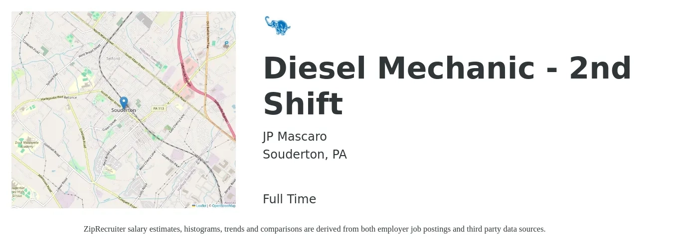 JP Mascaro job posting for a Diesel Mechanic - 2nd Shift in Souderton, PA with a salary of $25 to $33 Hourly with a map of Souderton location.