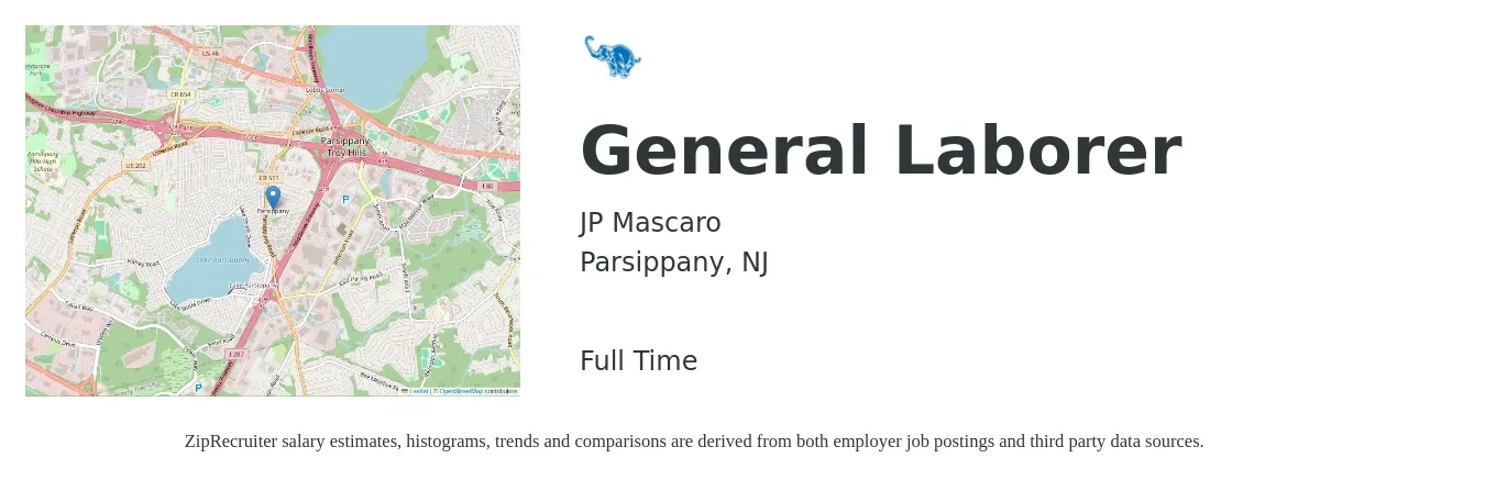 JP Mascaro job posting for a General Laborer in Parsippany, NJ with a salary of $16 to $20 Hourly with a map of Parsippany location.