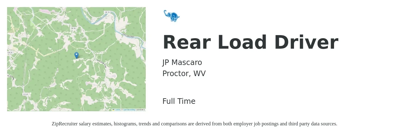 JP Mascaro job posting for a Rear Load Driver in Proctor, WV with a salary of $22 to $38 Hourly with a map of Proctor location.