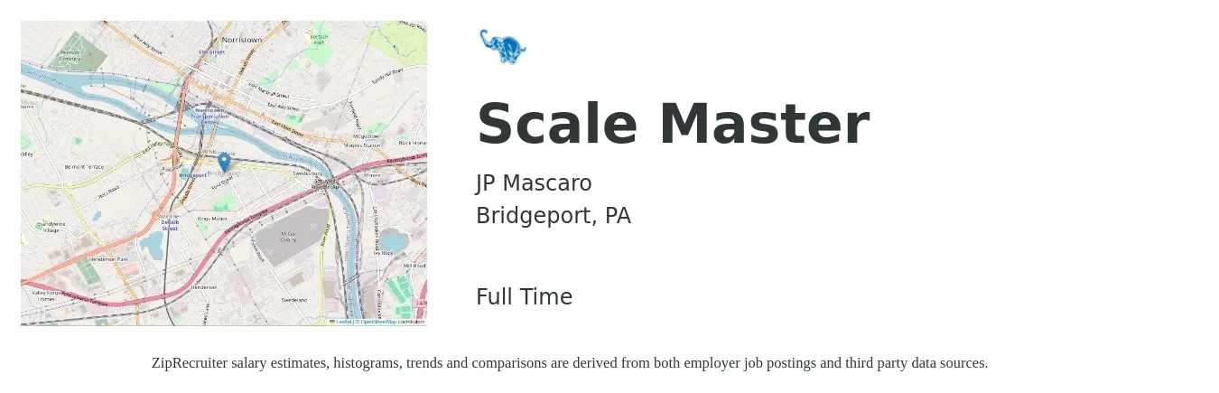JP Mascaro job posting for a Scale Master in Bridgeport, PA with a salary of $50 to $66 Hourly with a map of Bridgeport location.