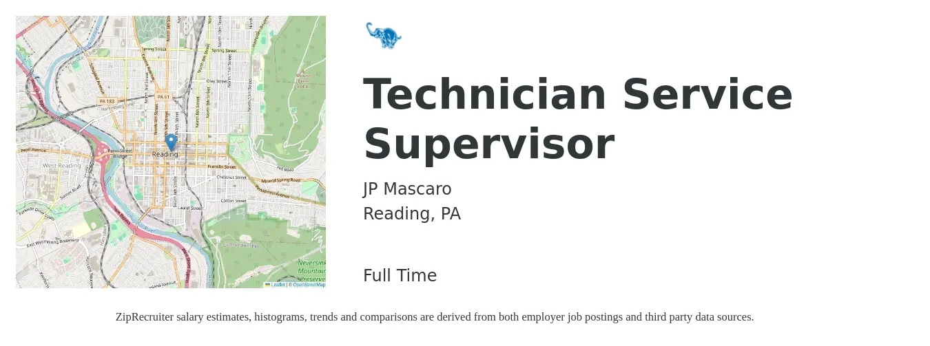 JP Mascaro job posting for a Technician Service Supervisor in Reading, PA with a salary of $53,300 to $88,400 Yearly with a map of Reading location.