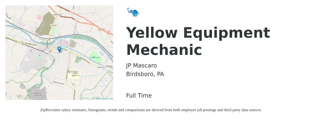 JP Mascaro job posting for a Yellow Equipment Mechanic in Birdsboro, PA with a salary of $24 to $32 Hourly with a map of Birdsboro location.