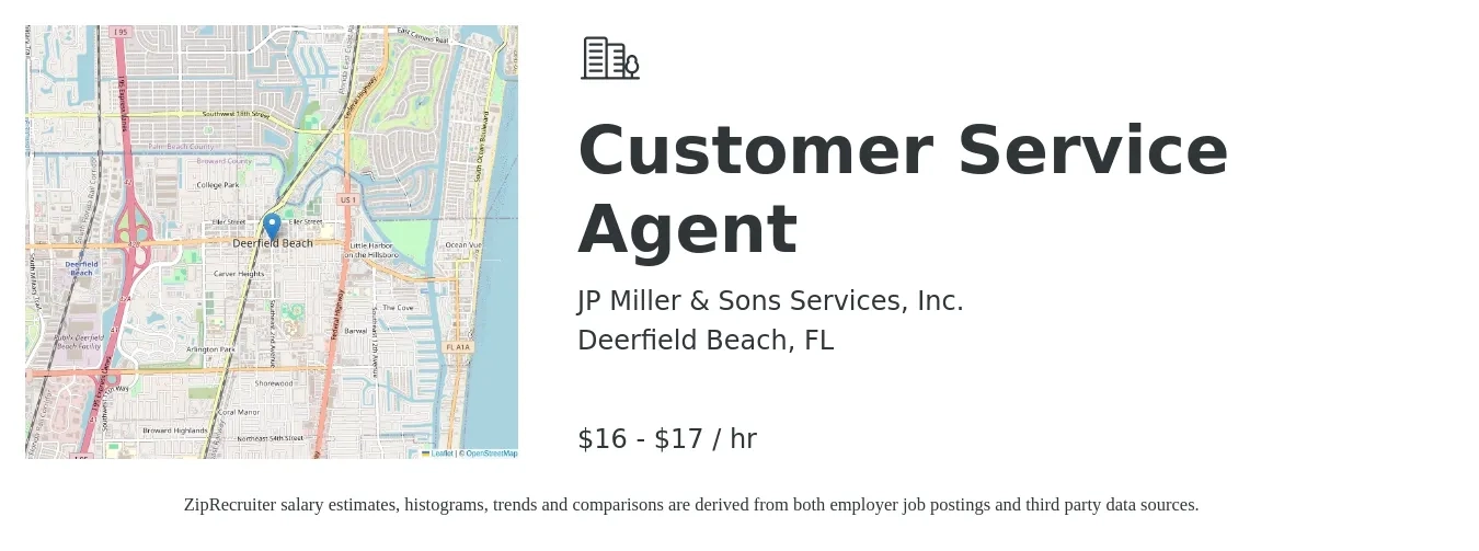 JP Miller & Sons Services, Inc. job posting for a Customer Service Agent in Deerfield Beach, FL with a salary of $17 to $18 Hourly with a map of Deerfield Beach location.