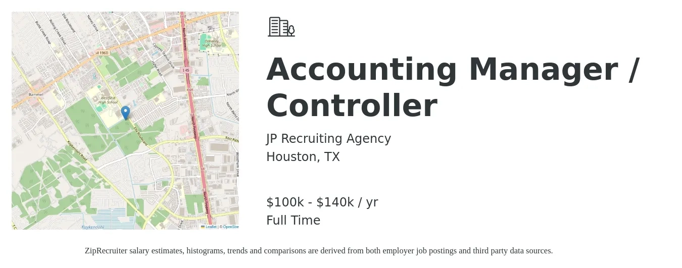 JP Recruiting Agency job posting for a Accounting Manager / Controller in Houston, TX with a salary of $100,000 to $140,000 Yearly with a map of Houston location.