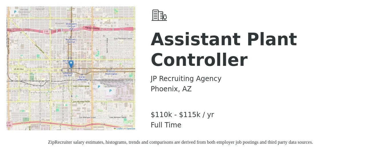 JP Recruiting Agency job posting for a Assistant Plant Controller in Phoenix, AZ with a salary of $110,000 to $115,000 Yearly with a map of Phoenix location.