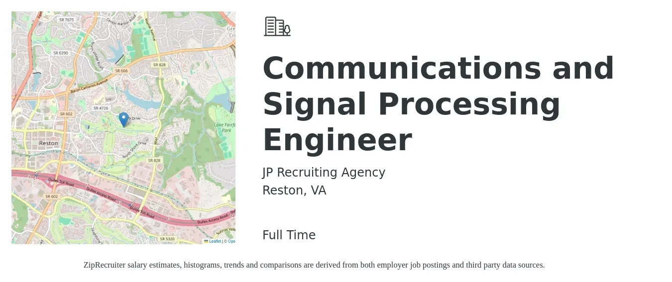 JP Recruiting Agency job posting for a Communications and Signal Processing Engineer in Reston, VA with a salary of $113,100 to $153,700 Yearly with a map of Reston location.