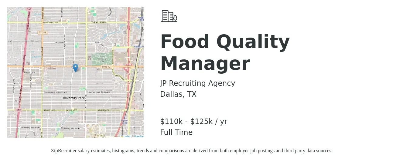 JP Recruiting Agency job posting for a Food Quality Manager in Dallas, TX with a salary of $110,000 to $125,000 Yearly with a map of Dallas location.