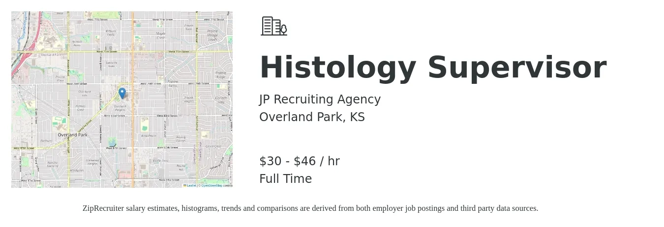 JP Recruiting Agency job posting for a Histology Supervisor in Overland Park, KS with a salary of $32 to $48 Hourly with a map of Overland Park location.