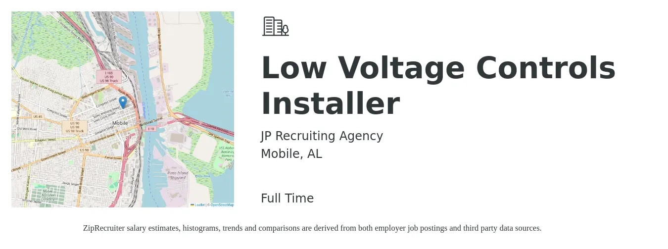 JP Recruiting Agency job posting for a Low Voltage Controls Installer in Mobile, AL with a salary of $20 to $28 Hourly with a map of Mobile location.