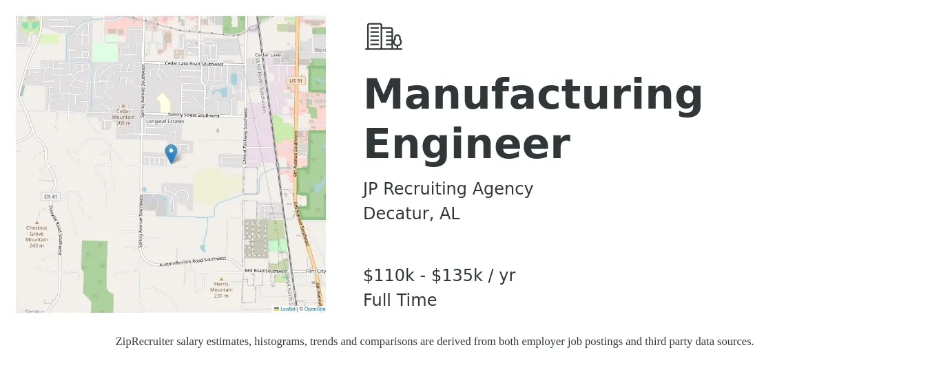 JP Recruiting Agency job posting for a Manufacturing Engineer in Decatur, AL with a salary of $110,000 to $135,000 Yearly with a map of Decatur location.