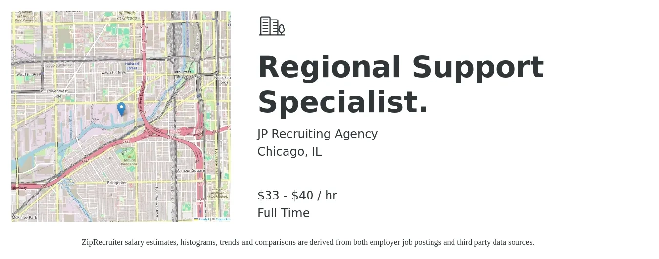 JP Recruiting Agency job posting for a Regional Support Specialist. in Chicago, IL with a salary of $35 to $42 Hourly with a map of Chicago location.