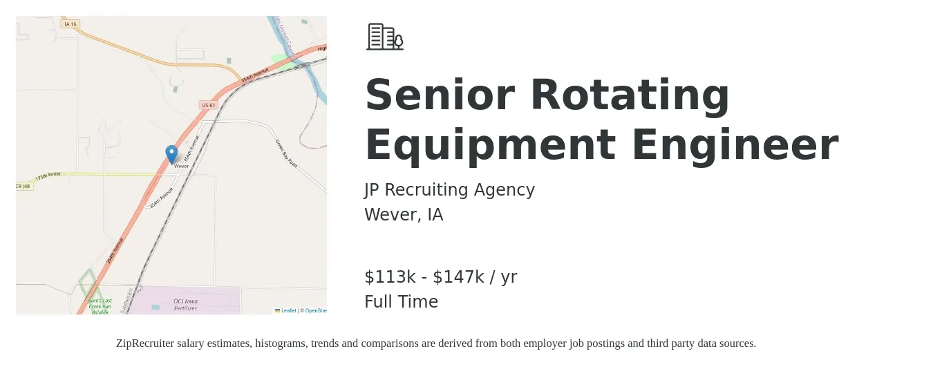 JP Recruiting Agency job posting for a Senior Rotating Equipment Engineer in Wever, IA with a salary of $113,000 to $147,000 Yearly with a map of Wever location.
