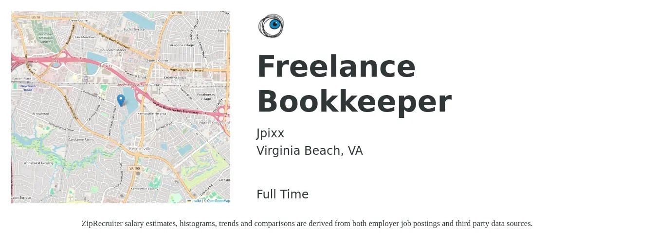 Jpixx job posting for a Freelance Bookkeeper in Virginia Beach, VA with a salary of $18 to $26 Hourly with a map of Virginia Beach location.