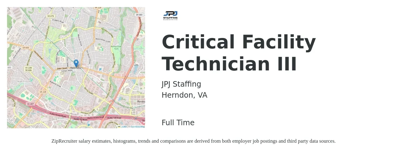 JPJ Staffing job posting for a Critical Facility Technician III in Herndon, VA with a salary of $20 to $28 Hourly with a map of Herndon location.