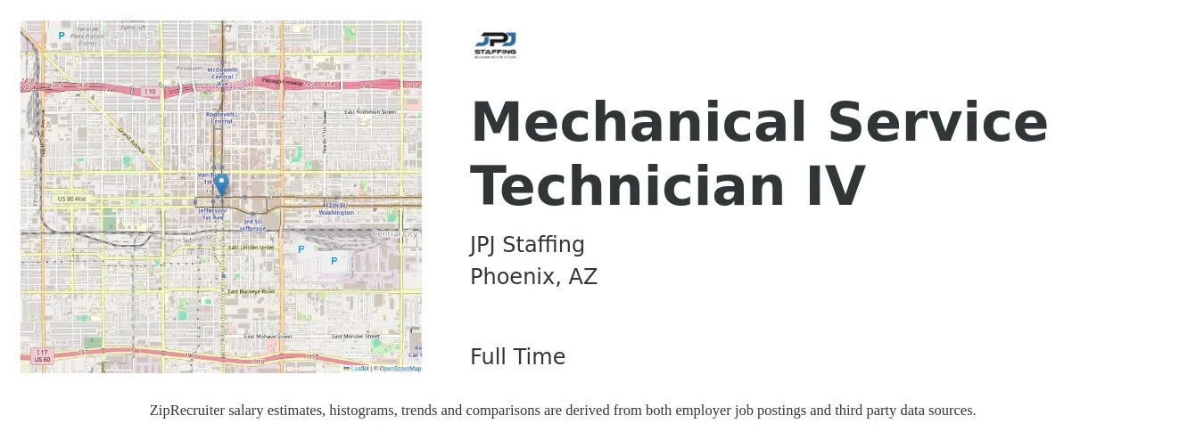 JPJ Staffing job posting for a Mechanical Service Technician IV in Phoenix, AZ with a salary of $22 to $32 Hourly with a map of Phoenix location.
