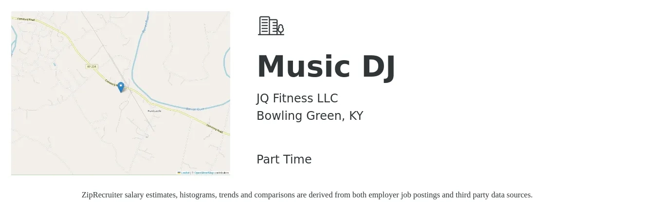 JQ Fitness LLC job posting for a Music DJ in Bowling Green, KY with a salary of $20 to $69 Hourly with a map of Bowling Green location.