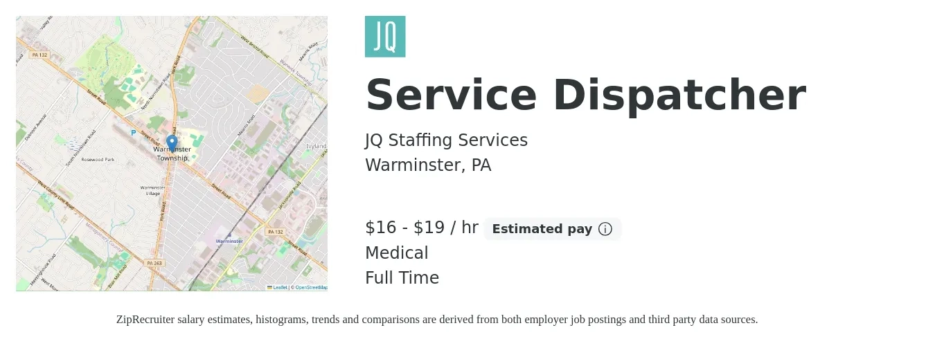 JQ Staffing Services job posting for a Service Dispatcher in Warminster, PA with a salary of $17 to $20 Hourly and benefits including medical with a map of Warminster location.