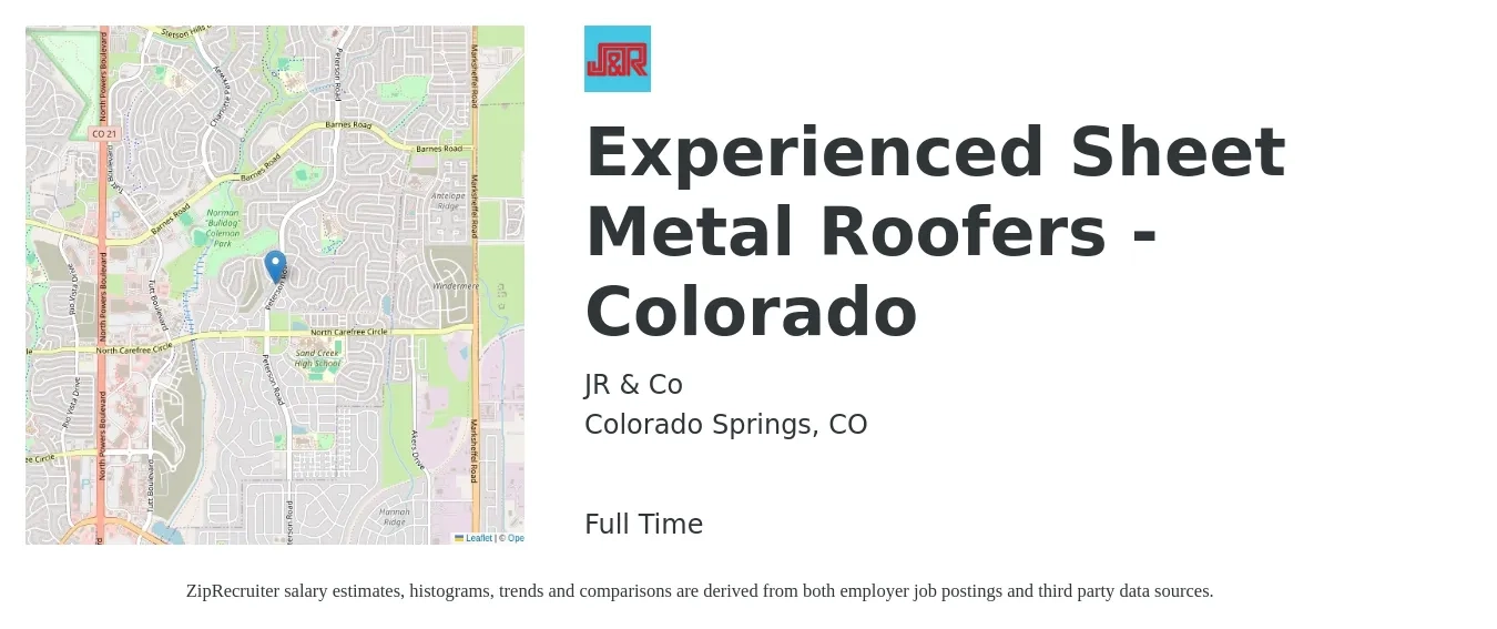 JR & Co job posting for a Experienced Sheet Metal Roofers - Colorado in Colorado Springs, CO with a salary of $28 to $35 Hourly with a map of Colorado Springs location.
