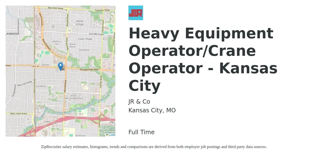 JR & Co job posting for a Heavy Equipment Operator/Crane Operator - Kansas City in Kansas City, MO with a salary of $36 to $40 Hourly with a map of Kansas City location.