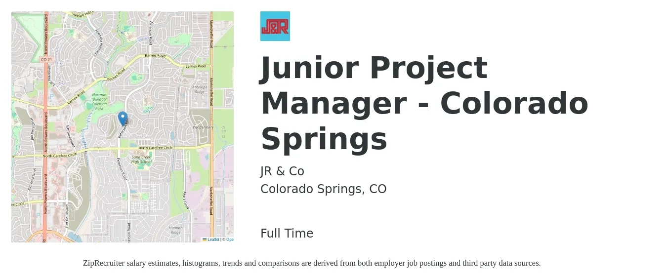 JR & Co job posting for a Junior Project Manager - Colorado Springs in Colorado Springs, CO with a salary of $32 to $36 Hourly with a map of Colorado Springs location.
