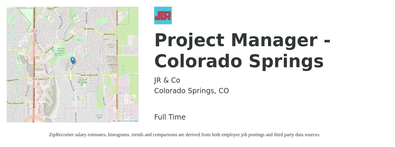 JR & Co job posting for a Project Manager - Colorado Springs in Colorado Springs, CO with a salary of $75,000 to $105,000 Yearly with a map of Colorado Springs location.