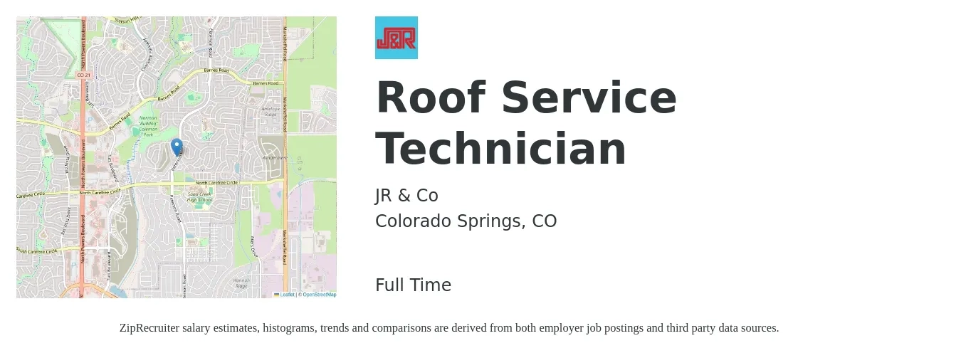 JR & Co job posting for a Roof Service Technician in Colorado Springs, CO with a salary of $20 to $30 Hourly with a map of Colorado Springs location.