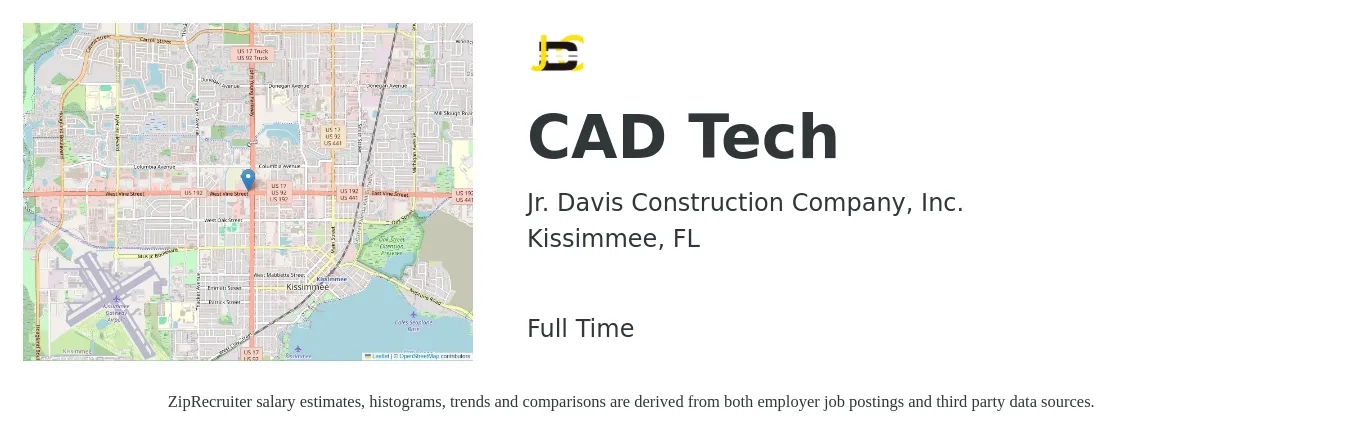 Jr. Davis Construction Company, Inc. job posting for a CAD Tech in Kissimmee, FL with a salary of $20 to $28 Hourly with a map of Kissimmee location.