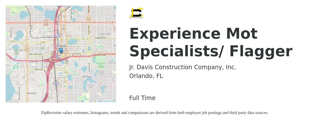 Jr. Davis Construction Company, Inc. job posting for a Experience Mot Specialists/ Flagger in Orlando, FL with a salary of $15 to $19 Hourly with a map of Orlando location.