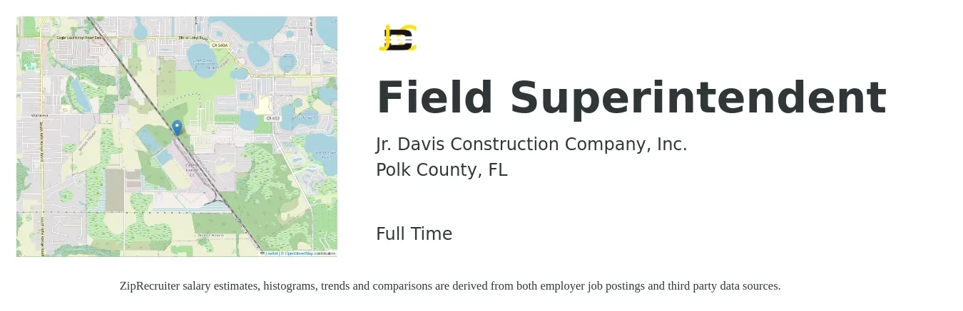 Jr. Davis Construction Company, Inc. job posting for a Field Superintendent in Polk County, FL with a salary of $53,700 to $84,600 Yearly with a map of Polk County location.