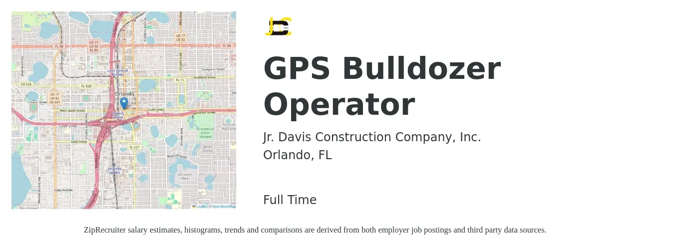 Jr. Davis Construction Company, Inc. job posting for a GPS Bulldozer Operator in Orlando, FL with a salary of $17 to $26 Hourly with a map of Orlando location.