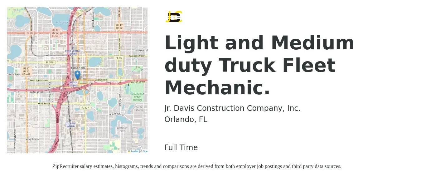 Jr. Davis Construction Company, Inc. job posting for a Light and Medium duty Truck Fleet Mechanic. in Orlando, FL with a salary of $26 to $31 Hourly with a map of Orlando location.