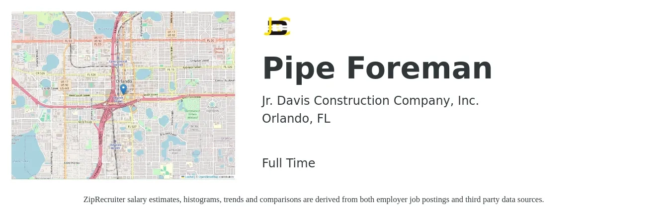 Jr. Davis Construction Company, Inc. job posting for a Pipe Foreman in Orlando, FL with a salary of $27 to $38 Hourly with a map of Orlando location.