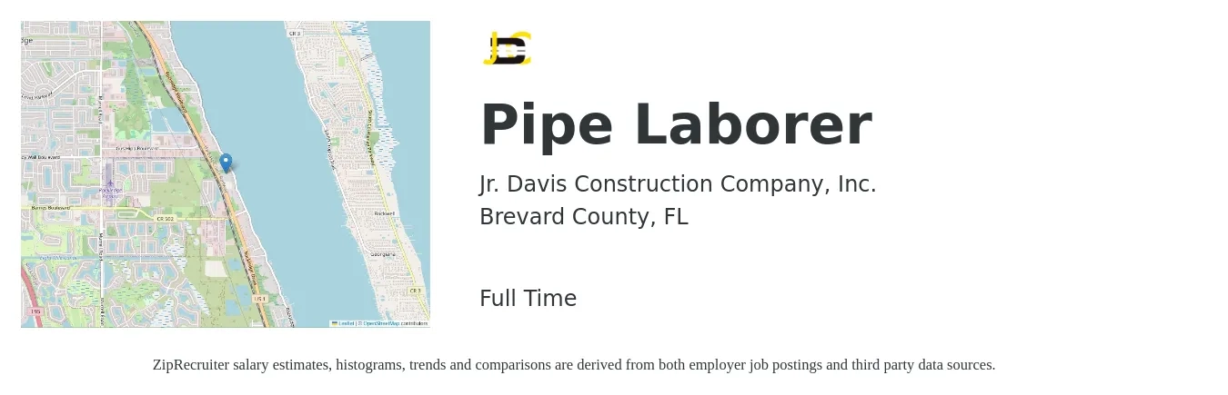 Jr. Davis Construction Company, Inc. job posting for a Pipe Laborer in Brevard County, FL with a salary of $16 to $20 Hourly with a map of Brevard County location.