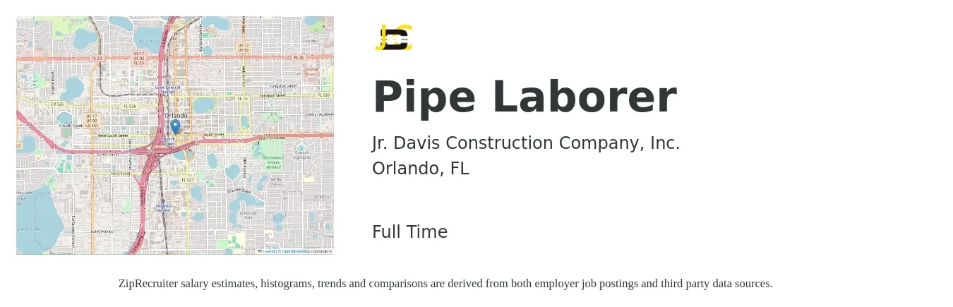 Jr. Davis Construction Company, Inc. job posting for a Pipe Laborer in Orlando, FL with a salary of $16 to $21 Hourly with a map of Orlando location.