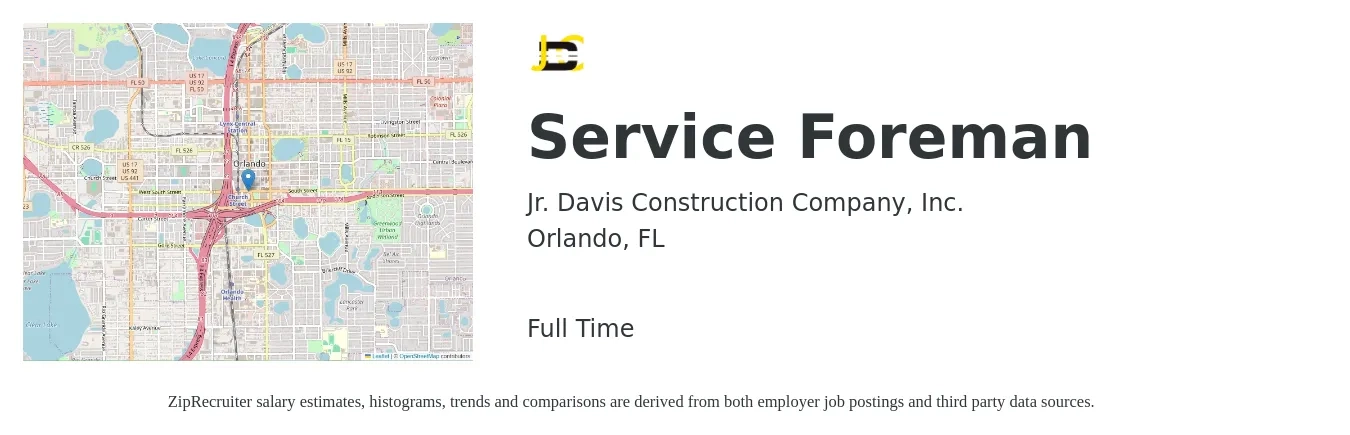 Jr. Davis Construction Company, Inc. job posting for a Service Foreman in Orlando, FL with a salary of $23 to $32 Hourly with a map of Orlando location.