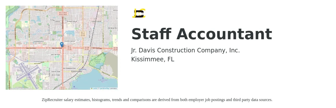 Jr. Davis Construction Company, Inc. job posting for a Staff Accountant in Kissimmee, FL with a salary of $48,600 to $64,100 Yearly with a map of Kissimmee location.