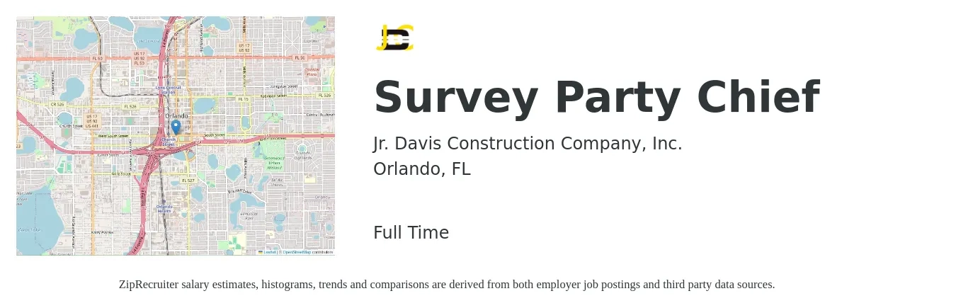 Jr. Davis Construction Company, Inc. job posting for a Survey Party Chief in Orlando, FL with a salary of $24 to $35 Hourly with a map of Orlando location.