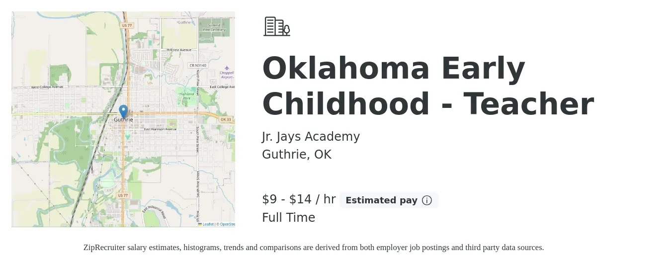 Jr. Jays Academy job posting for a Oklahoma Early Childhood - Teacher in Guthrie, OK with a salary of $10 to $15 Hourly with a map of Guthrie location.