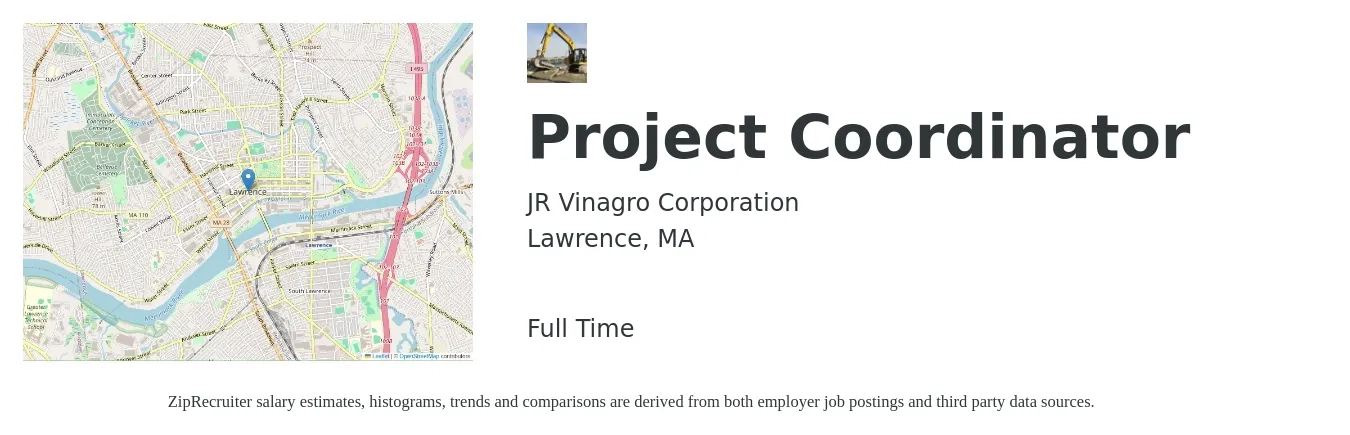 JR Vinagro Corporation job posting for a Project Coordinator in Lawrence, MA with a salary of $24 to $36 Hourly with a map of Lawrence location.