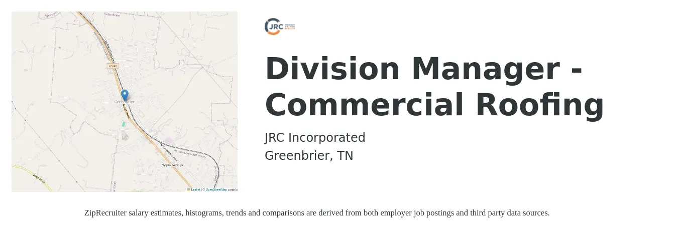 JRC Incorporated job posting for a Division Manager - Commercial Roofing in Greenbrier, TN with a salary of $80,000 to $100,000 Yearly with a map of Greenbrier location.