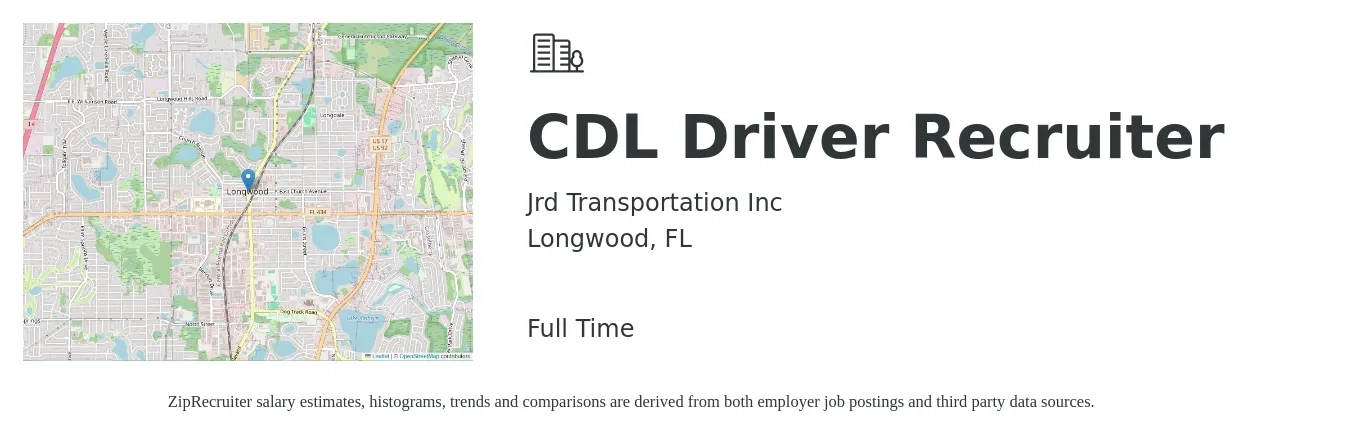 Jrd Transportation Inc job posting for a CDL Driver Recruiter in Longwood, FL with a salary of $32,200 to $43,500 Yearly with a map of Longwood location.