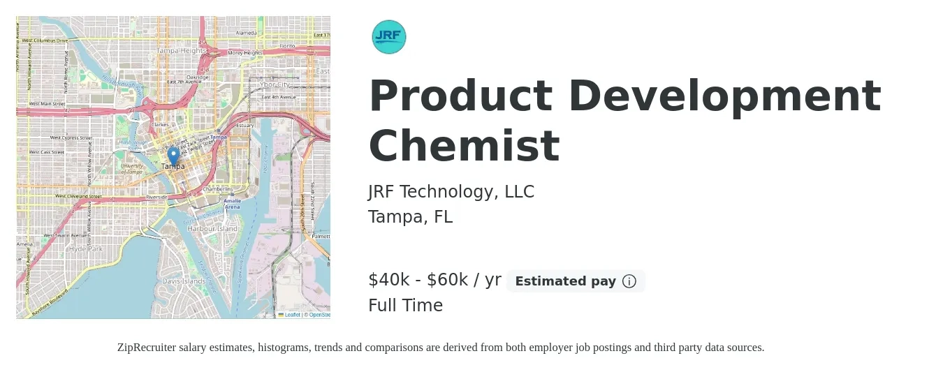 JRF Technology, LLC job posting for a Product Development Chemist in Tampa, FL with a salary of $40,000 to $60,000 Yearly with a map of Tampa location.