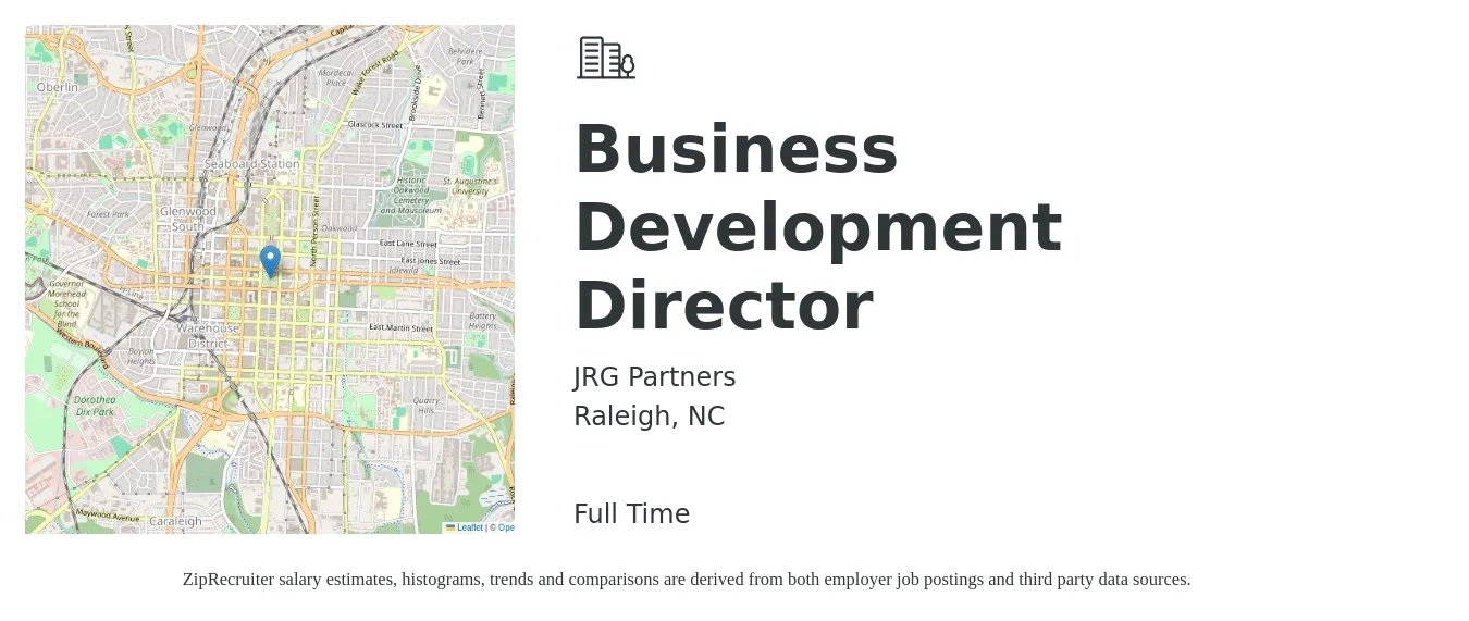 JRG Partners job posting for a Business Development Director in Raleigh, NC with a salary of $90,900 to $147,300 Yearly with a map of Raleigh location.