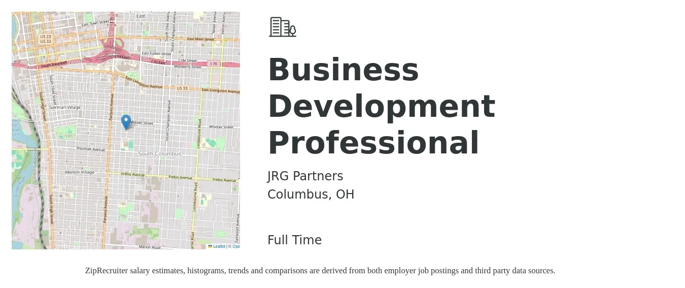 JRG Partners job posting for a Business Development Professional in Columbus, OH with a salary of $48,300 to $86,400 Yearly with a map of Columbus location.