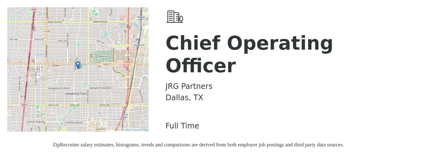 JRG Partners job posting for a Chief Operating Officer in Dallas, TX with a salary of $110,300 to $183,100 Yearly with a map of Dallas location.