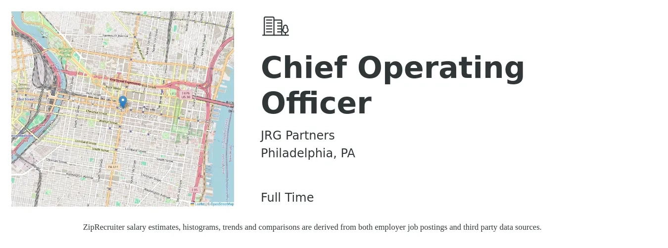 JRG Partners job posting for a Chief Operating Officer in Philadelphia, PA with a salary of $106,500 to $176,800 Yearly with a map of Philadelphia location.