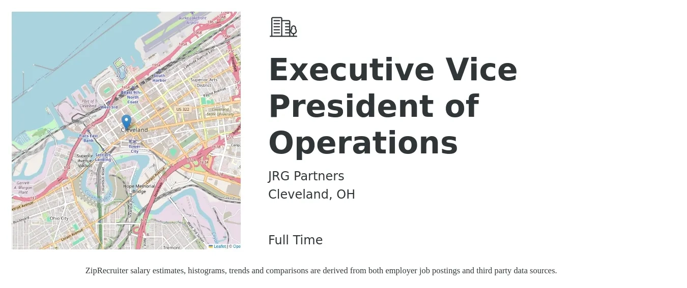 JRG Partners job posting for a Executive Vice President of Operations in Cleveland, OH with a salary of $111,800 to $179,100 Yearly with a map of Cleveland location.