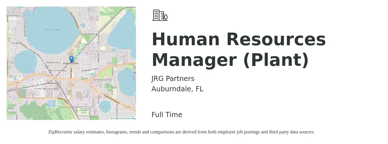 JRG Partners job posting for a Human Resources Manager (Plant) in Auburndale, FL with a salary of $64,800 to $89,600 Yearly with a map of Auburndale location.